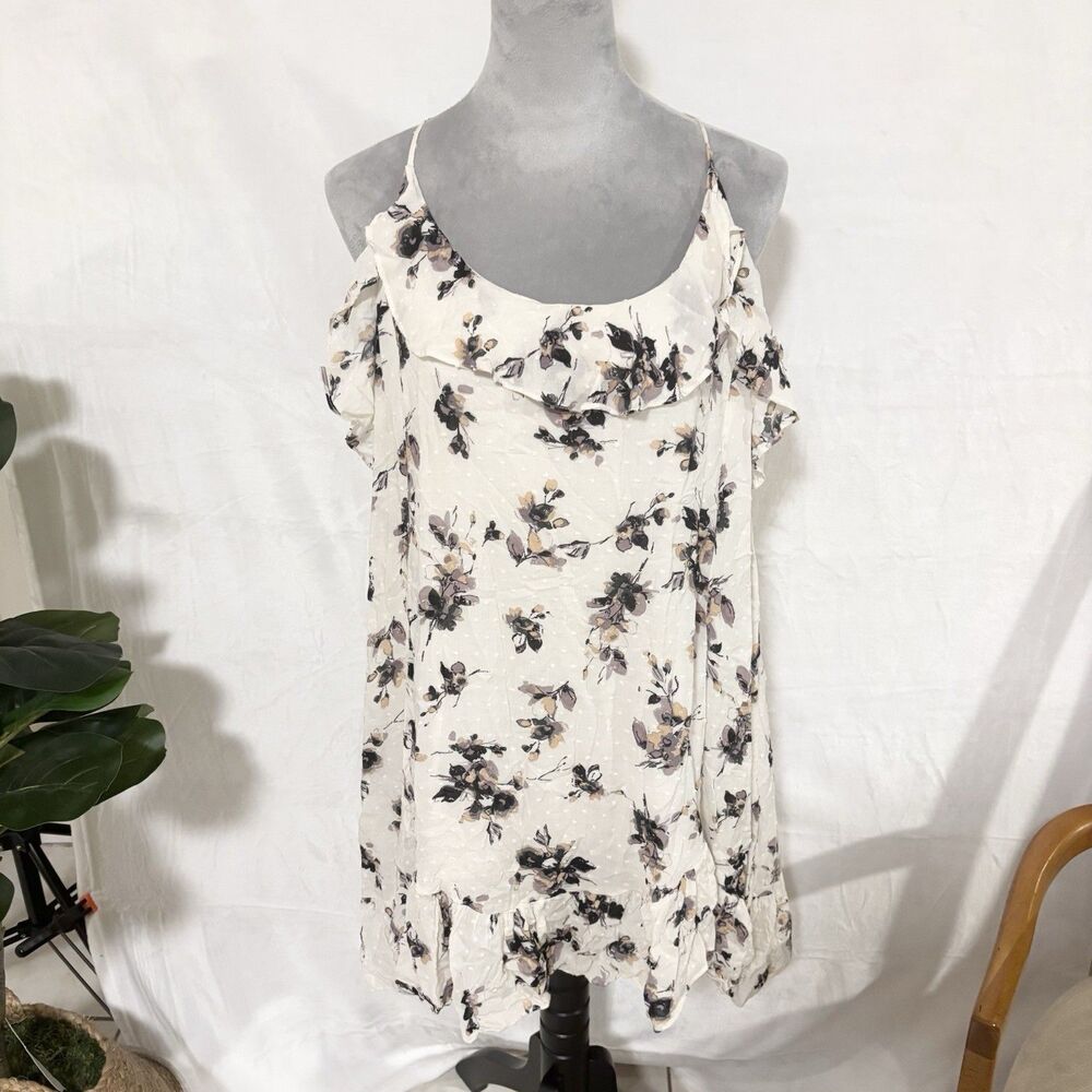 ETIQUETTE Floral Ruffle Mini Dress Cream Purple Black Sleeveless Size L